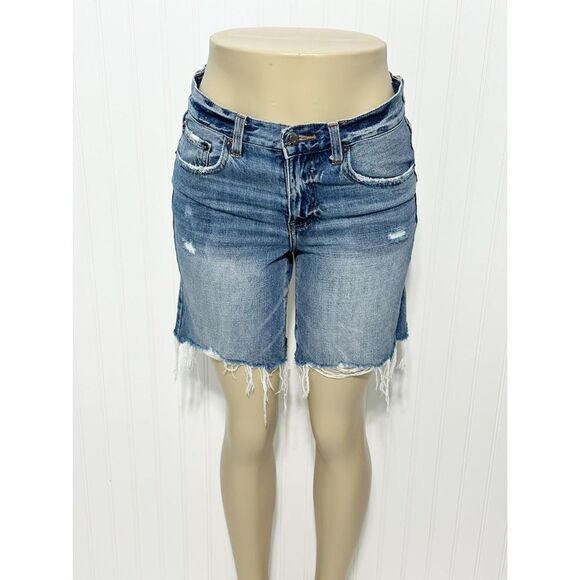 Pistola Pants - Pistola Women's Blue Medium Denim Wash‎ Frayed Distressed Raw Hem Long Short 25